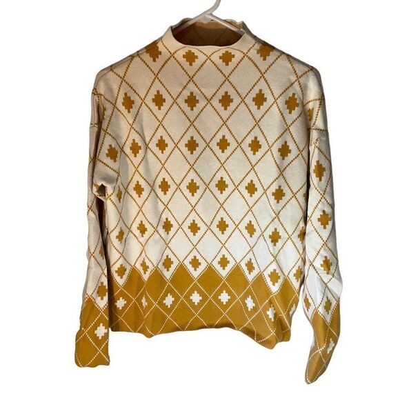 Rachel Zoe Funnel Neck Geometric Sweater, M. Mustard and White. Quality - Picture 4 of 16